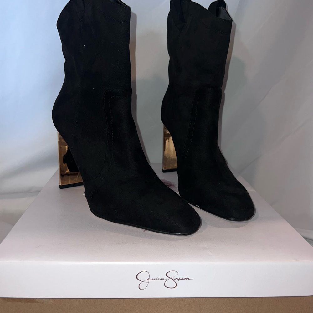 Jessica Simpson Black Heeled Boots with Gold Accents